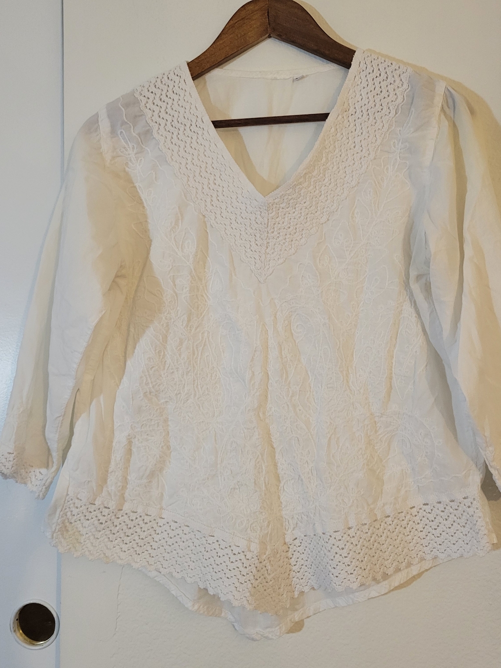 White V-Neck Embroidered Women's Top